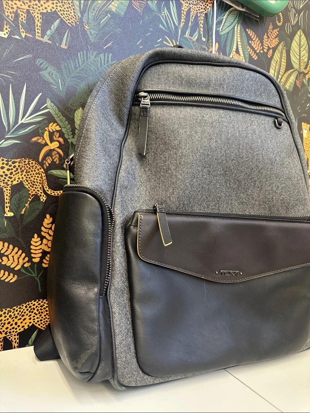 Tumi Gray and Black Leather-Trim Backpack